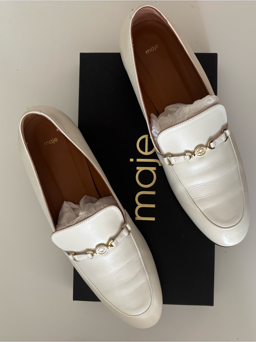 Maje Ivory Leather Loafers with Gold Bit Detail